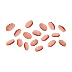 Obraz premium Sausage pieces levitating, isolated on transparent PNG background