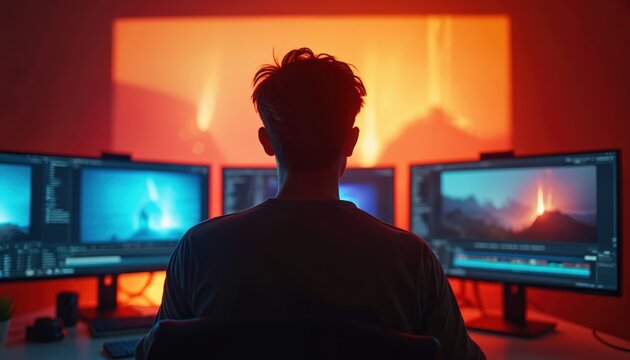 Person works with creative color grading tech, edits on multiple screens. Pro cinematic visual effects, video post production, apply various editing tools. Cinematic vibrant visuals.