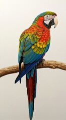 Fototapeta premium Colorful macaw parrot with vibrant plumage perching on tree branch. Exotic bird species on plain background for nature and wildlife concept.