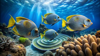 Fototapeta premium Vibrant Marine Life Thriving in a Sunlit Coral Reef Ecosystem with Striking Yellow and Blue Fish