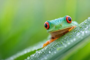Obraz premium Close-up of a vibrant green frog perched on a dewy leaf, showcasing striking red eyes, lush background, and shimmering water droplets under soft natural light.