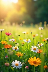 Fototapeta premium A vibrant sunlit meadow with wildflowers swaying gently in the breeze, conveying a sense of boundless freedom and joyful abandon , blossom, lively