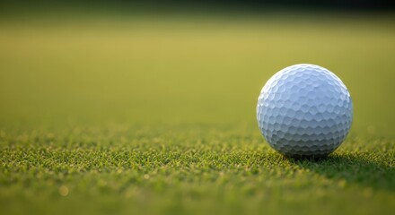 Obraz premium Golf ball resting on green grass before tee off. Sports background with copy space for golf course promotion or tournament branding.