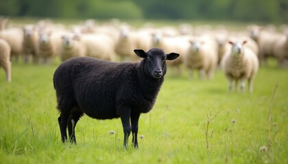 Black sheep stands green pasture. Unique animal differs white sheep flock in farmland. Concept of contrast and individuality in nature. Symbolic representation.