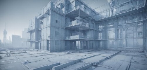 Abstract architectural blueprint with photo effect, faded blue tones, lines, print