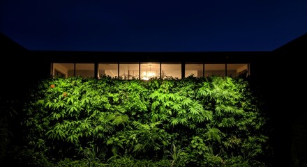 Fototapeta premium Modern building exterior with lush green living wall at dusk and illuminated interior. Sustainable architecture with vertical garden element.