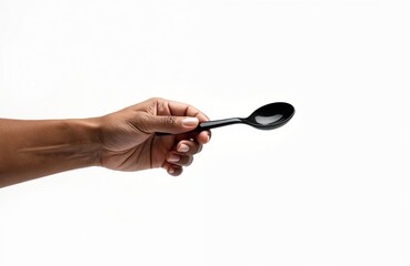 Black plastic spoon in hand on transparent background. Dark skin hand holds kitchenware. Utensil for eating, serving food or ingredient. Isolated object, focus on shape and color.