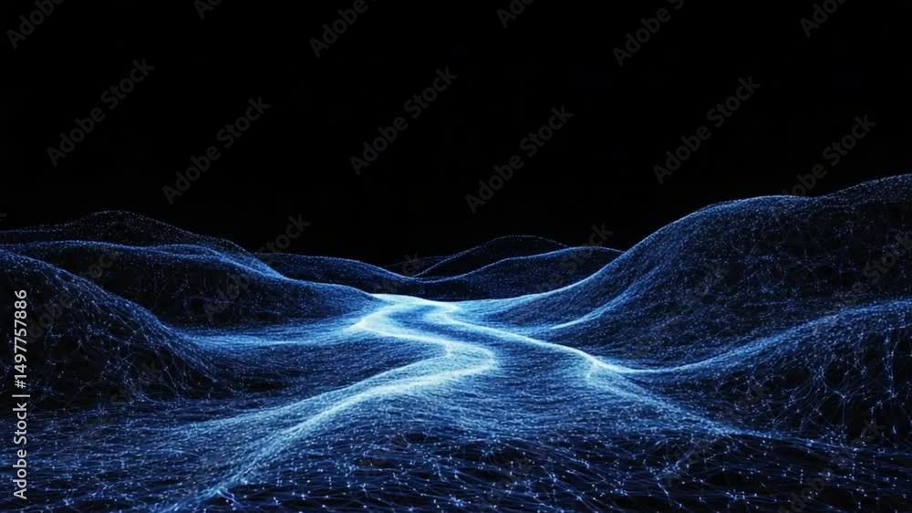 Poster digital river: a mesmerizing digital rendering showcases a luminous river winding through a rolling 