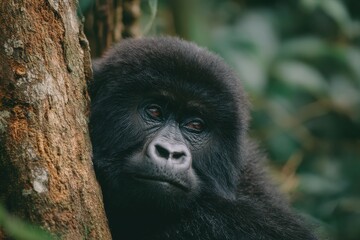 Close-Up of a Young Gorilla Resting in a Natural Forest Habitat, Displaying Expressive Features, Surrounded by Lush Greenery and Tree Bark Textures