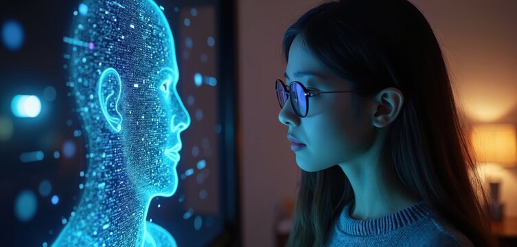 Young woman interacts with AI digital persona. Face to face communication with digital avatar. Holographic man concept with cybernetic face, data flow. Future tech, digital world, artificial - Powered by Adobe