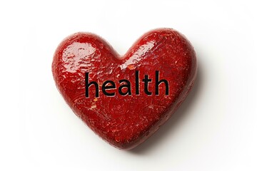 Obraz premium Red ceramic heart with word 'health' isolated on white background. Symbolizing wellness, heart care and medical awareness. Ideal for healthcare promotions, medical articles and wellness campaigns