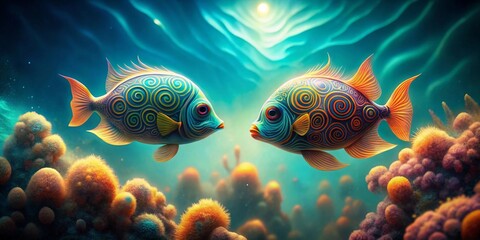 Oceanic Encounter Two Ornate Fish Gaze at Each Other Amidst Vibrant Coral Reef