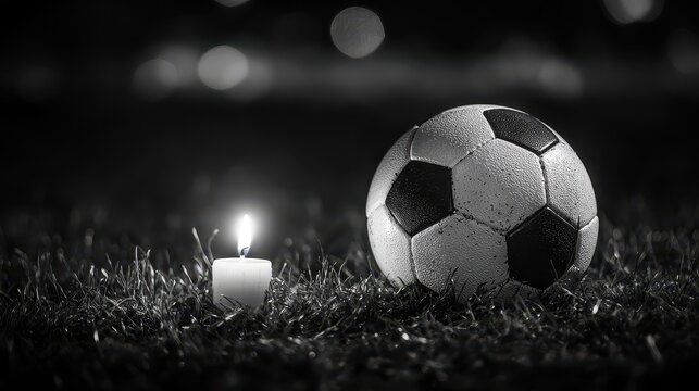 a black-and-white image of a soccer ball seen from the side, resting on grass. Next to the ball, place a lit candle or grave candle, symbolizing a moment of remembrance.