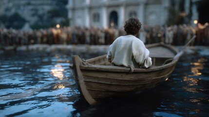 Young Boy Rowing Wooden Boat at Night on Dark Water, City Background