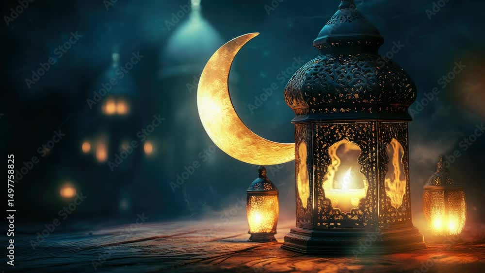 Poster a wooden table features a lantern with a crescent moon design, perfect for rustic or bohemian settin