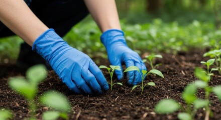 Hands planting seedlings symbolizing growth and nature conservation with gloves and soil