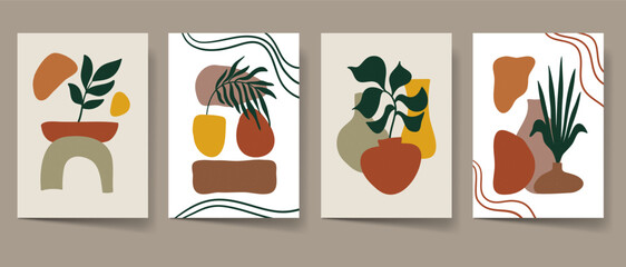 Aesthetic boho abstract art set for print, Floral bohemian wall art, home decor. Leaves line art collection