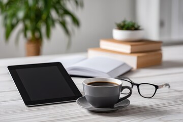 Cozy workspace scene with a cup of black coffee, tablet, glasses, stacked books, and a decorative plant in a bright, modern environment inviting relaxation and focus