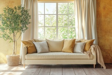 Sofa with pillows near window on white background