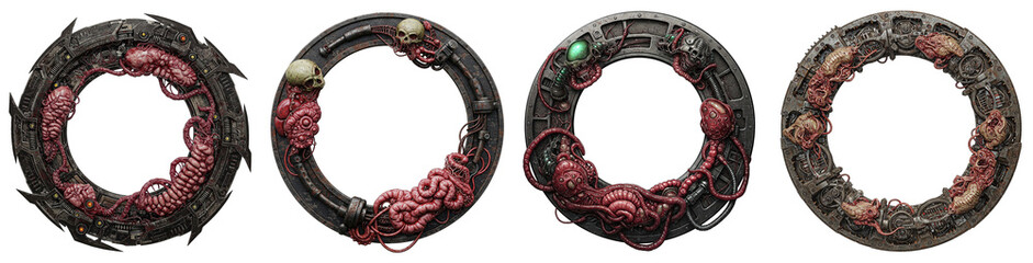 Set of abstractic round metal horror frames with biomechanical elements