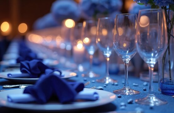 Elegant gala table setting with blue accents. White plates, napkins, silverware, wine glasses, lights. Formal dinner party, special event, fine dining, luxury celebration, festive atmosphere.