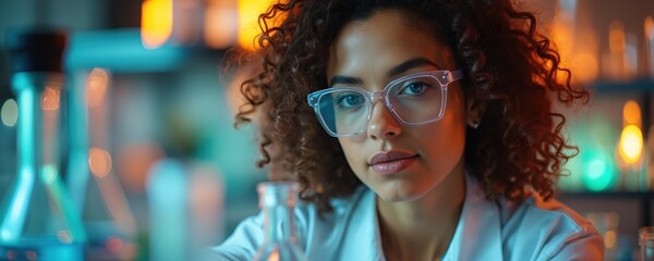 Scientist, wearing glasses, lab coat, in laboratory setting. Focus on experiment, research, innovation. Woman with curly hair, working with glassware. Bright colors enhance scientific discovery,
