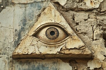 ancient All-Seeing Eye symbol inside triangle on an old textured wall. Concept mystery, conspiracy theories, secret societies, ancient symbolism, for book covers, documentaries, historical articles