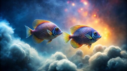 Two vibrant fish with speckled bodies and bright yellow fins gracefully swim through a dreamy, ethereal cloudscape, a scene of serene aquatic fantasy.