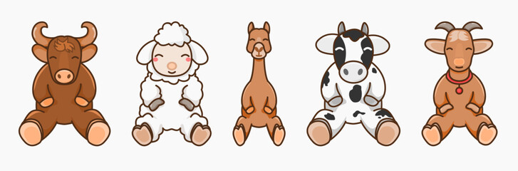 Adorable flat illustration of sitting Qurban animals in cartoon style for Eid al-Adha and kids content