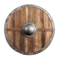 Fototapeta premium A well-crafted round wooden shield with metal detailing. The shield displays a rustic appearance with visible wood grain
