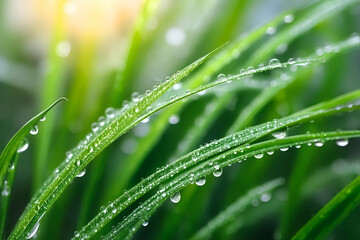 Obraz premium Close-up of vibrant green grass blades glistening with water droplets, showcasing nature's beauty and freshness in a serene setting.