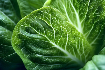 Obraz premium Close-up of vibrant green lettuce leaves, showcasing intricate textures and veins. Perfect for health, food, and nature-themed projects.