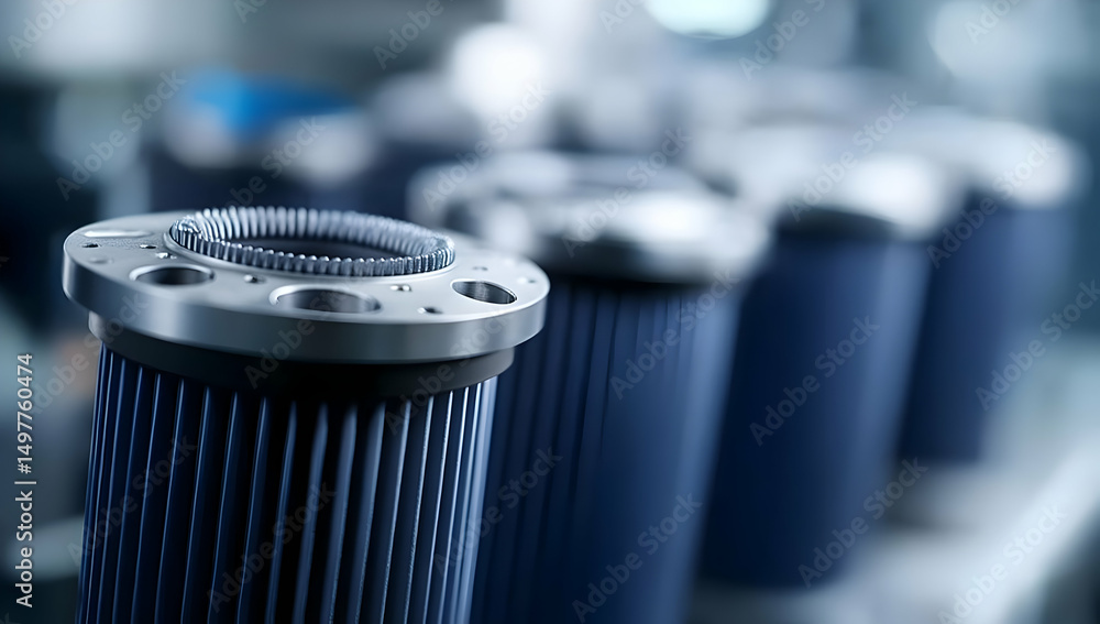 Poster close-up view of high-performance air filters arranged in a row, showcasing their intricate design a