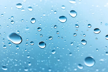 Close-up view of water droplets on a smooth surface. The refreshing blue backdrop enhances the purity and beauty of water. Ideal for nature and eco themes.