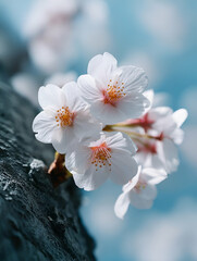Delicate cherry blossoms bloom against a soft blue background, symbolizing renewal and beauty in nature's springtime display.