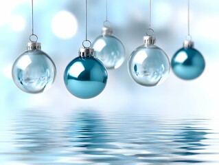 Delicate glass ornaments hang gracefully, reflecting light in serene shades of blue. Perfect for winter celebrations and festive home decorations.