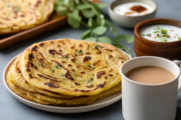 Deliciously prepared flatbreads served with refreshing yogurt and steaming tea, perfect for a hearty meal.