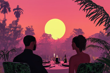 Romantic date scene on a reality TV show, with a couple enjoying a candlelit dinner in an exotic location