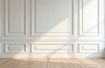 Minimalist interior design white wall paneling and warm wooden floor. Sunlight creates serene atmosphere, adding to room elegance. Perfect for real estate, decor, home improvement, or design projects.