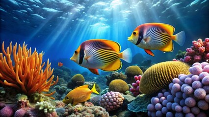 Vibrant Reef Scene Featuring Colorful Fish and Coral Formations Under Sunlit Ocean Water