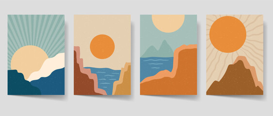 Minimalist bohemian wall art for print. Sunset art with boho style for home decor