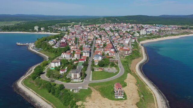 Aerial view to a sea town Primorsko, Burgas, Bulgaria