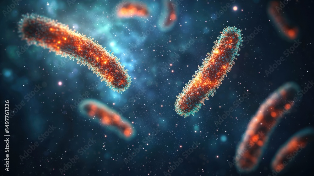 Poster a captivating 3d rendering showing detailed structure of viruses on a cosmic background.