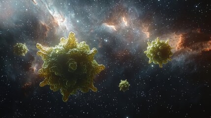 Obraz premium Visualizing viral forms gracefully drifting across the backdrop of a breathtaking nebula.