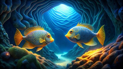 Fototapeta premium Ornate Fish Encounter in a Submerged Grotto A Vivid Underwater Scene Depicting Two Fish with Intricate Designs Swimming Towards a Luminous Opening