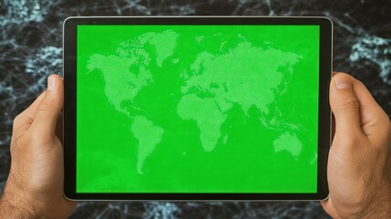 Hands hold a tablet showing a green screen world map, connected globally.