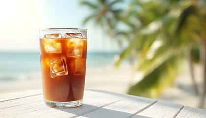 Iced coffee on table with sunny beach background, glass filled with ice, frothy top layer, palm trees swaying in distance, warm and relaxed summer morning
