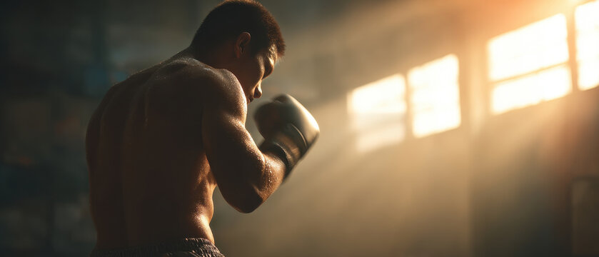 Muay thai student shadowboxing in empty gym with evening light