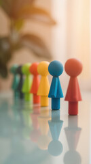 Colorful figurines lined up on reflective surface, showcasing playful arrangement of shapes and colors. soft background adds warmth to scene