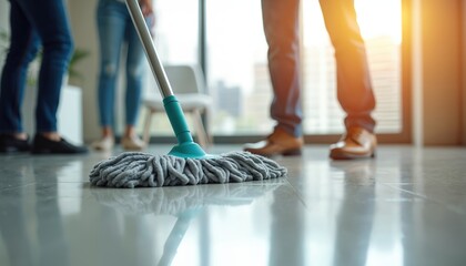 Professional cleaning service mopping office floor. Cleaning team sanitizes, removes dust, dirt from office building floors with mop. Morning work, maintaining hygiene. Disinfection, cleanliness,